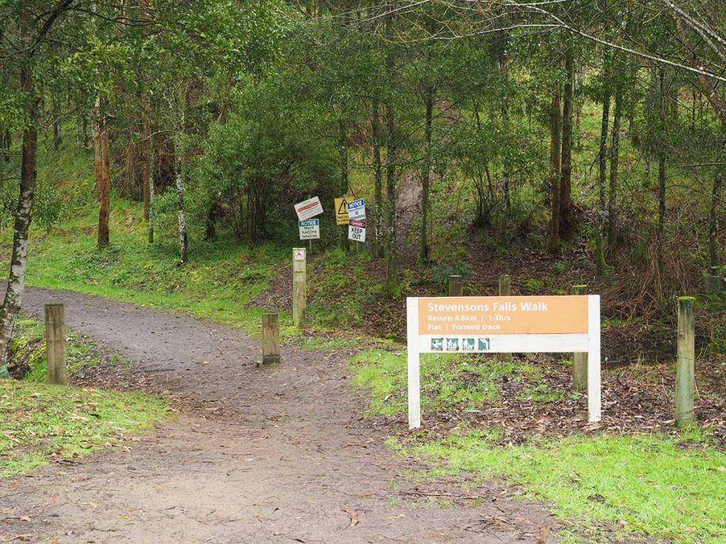 Sign next to walking track showing distance of 4.6km stevensons falls walk 