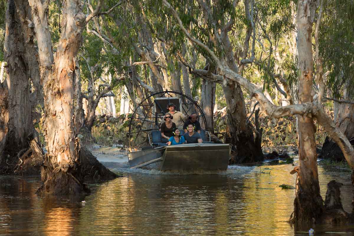 Airboat on water between paperbark trees at Bamurru Plains